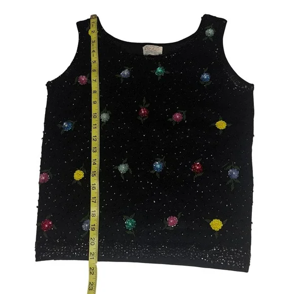 Vintage Sleeveless Sweater - Cyn Les Hand Beaded Sequin Rosette Black - Size 36 - Picture 4 of 11